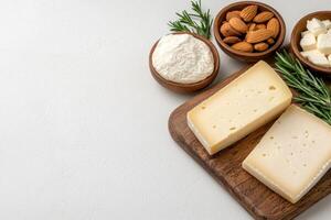 Artisanal cheese selection with almonds and rosemary on a rustic wooden board photo