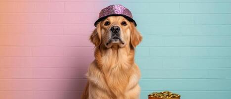 Golden Retriever dog wearing a sparkly hat with a pot of gold coins photo