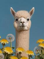 Adorable white alpaca surrounded by dandelions in a field photo