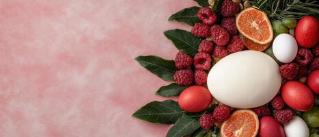 Easter eggs, raspberries, and citrus fruits arranged on a pink background photo