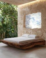 Modern minimalist bedroom with a unique wooden bed and jungle view photo