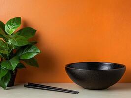 Black bowl and chopsticks on a table with a green plant against an orange wall photo