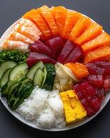 Colorful and Delicious Sushi Bowl with Rice, Salmon, Tuna, Shrimp, and Vegetables photo