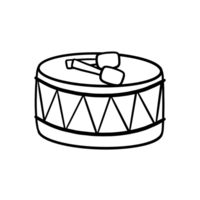 Illustration of a drum musical instrument outline with two drumsticks placed on it. It is an outline illustration with a white background with black outline. png