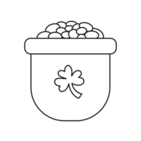 A transparent background illustration of a pot filled with gold coins, outlined in black, featuring a clover symbol. It's a minimalistic design tied to luck and Irish traditions. png