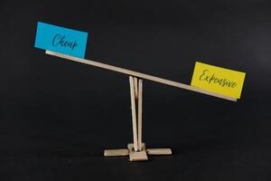 concept of duality using sticky notes with the antonym words Cheap - Expensive made by hand on a dark background photo