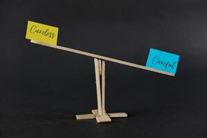 concept of duality using sticky notes with the antonym words Careless - Careful made by hand on a dark background photo
