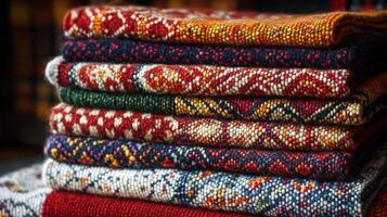 Stacked Colorful Woven Textiles with Intricate Patterns photo
