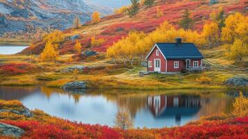 Autumnal Cabin by the Lake. A Peaceful Fall Scene photo