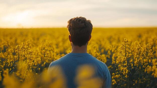 Man Contemplating in a Yellow Flower Field at Sunset photo