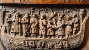 Intricate Wooden Ship Relief Carving photo