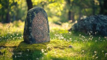 Celtic Stone Carving in a Peaceful Garden Setting photo
