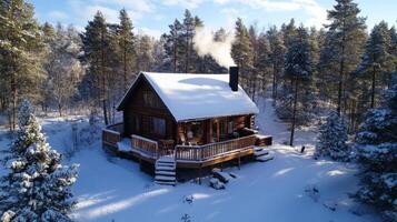 Snowy Log Cabin in the Woods photo