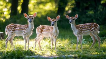 Three Fawn Deer in a Lush Forest Meadow photo