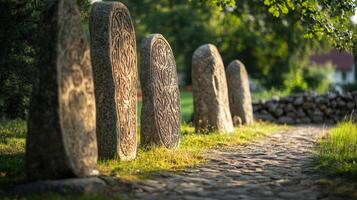 Ancient Carved Stone Monuments in a Garden Setting photo