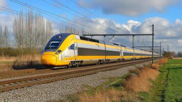 High-Speed Train Across Scenic Countryside photo