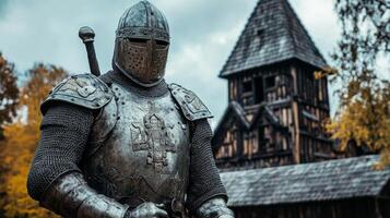 Medieval Knight in Armor by an Ancient Tower photo