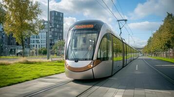 Modern Tram in a Cityscape photo