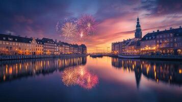 Copenhagen Canal Fireworks at Sunset photo