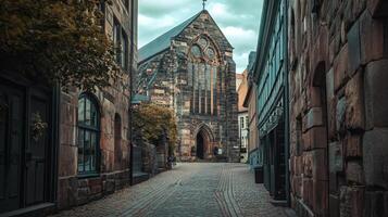 Ancient European City Lane with Stone Buildings photo