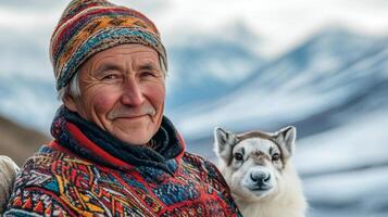 Elderly Man with Caribou in the Mountains photo