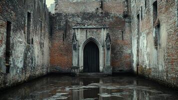 Ancient Brick Castle Ruins with Water Reflection photo