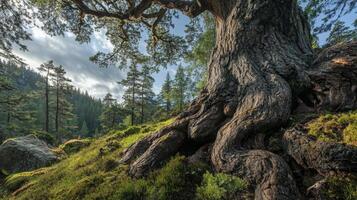 Majestic Tree Roots in a Lush Forest Landscape photo