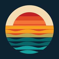 Retro ocean waves with sunset layers above design for creative uses with vibrant retro colors and dynamic styles. vector