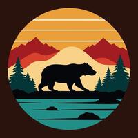Bear silhouette crossing a retro river scene design for creative uses with vibrant retro colors and dynamic styles. vector