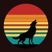 Wolf howling silhouette on retro moon stripes design for creative uses with vibrant retro colors and dynamic styles. vector