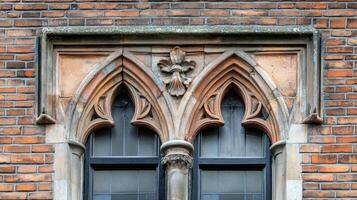 Ornate Gothic Window Detail on Brick Building photo
