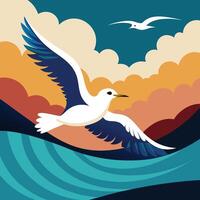 Retro seagull flying above ocean waves design for creative uses with vibrant retro colors and dynamic styles. vector