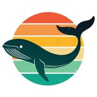 Retro whale silhouette under distressed stripes design for creative uses with vibrant retro colors and dynamic styles. vector