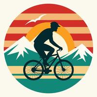 Retro mountain biker silhouette with circular sun design for creative uses with vibrant retro colors and dynamic styles. vector