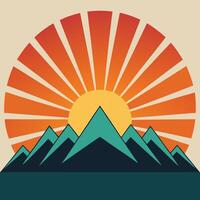 Minimalist retro sunburst over mountains design for creative uses with vibrant retro colors and dynamic styles. vector