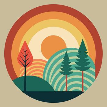 Abstract circular retro design with trees and sun design for creative uses with vibrant retro colors and dynamic styles. vector