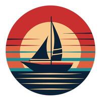 Sailboat silhouette in a retro circular scene design for creative uses with vibrant retro colors and dynamic styles. vector