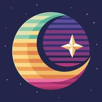 Crescent moon with retro starry night gradient design for creative uses with vibrant retro colors and dynamic styles. vector