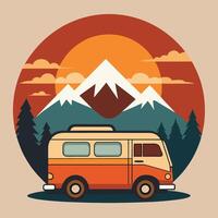 Retro camper van with mountains and sunset design for creative uses with vibrant retro colors and dynamic styles. vector