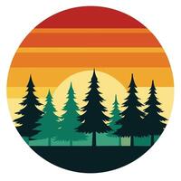 Retro pine forest silhouette in gradient circle design for creative uses with vibrant retro colors and dynamic styles. vector