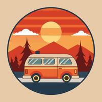 Retro camper in a circle sunset landscape design for creative uses with vibrant retro colors and dynamic styles. vector