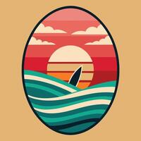 Retro surfboard with ocean waves and sunset design for creative uses with vibrant retro colors and dynamic styles. vector