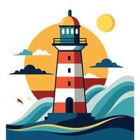 Vintage lighthouse with ocean waves and sun design for creative uses with vibrant retro colors and dynamic styles. vector