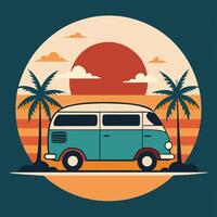 Retro campervan silhouette on beach scene design for creative uses with vibrant retro colors and dynamic styles. vector