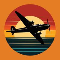 Vintage plane silhouette on sunset gradient backg design for creative uses with vibrant retro colors and dynamic styles. vector