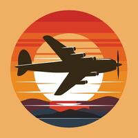 Silhouette of a retro plane in sunset gradient design for creative uses with vibrant retro colors and dynamic styles. vector