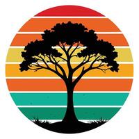 Silhouette of a tree on a distressed retro horizo design for creative uses with vibrant retro colors and dynamic styles. vector