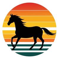 Horse silhouette galloping in front of sunset str design for creative uses with vibrant retro colors and dynamic styles. vector