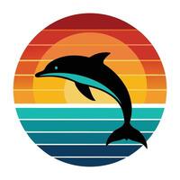 Dolphin jumping over sunset stripes design for creative uses with vibrant retro colors and dynamic styles. vector