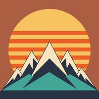 Mountain peaks with vintage striped sun behind design for creative uses with vibrant retro colors and dynamic styles. vector